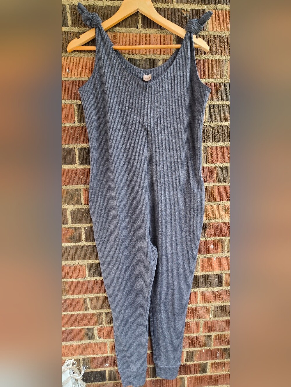 Smash + Tess Ribbed Knot-Shoulder Jumpsuit in Slate
